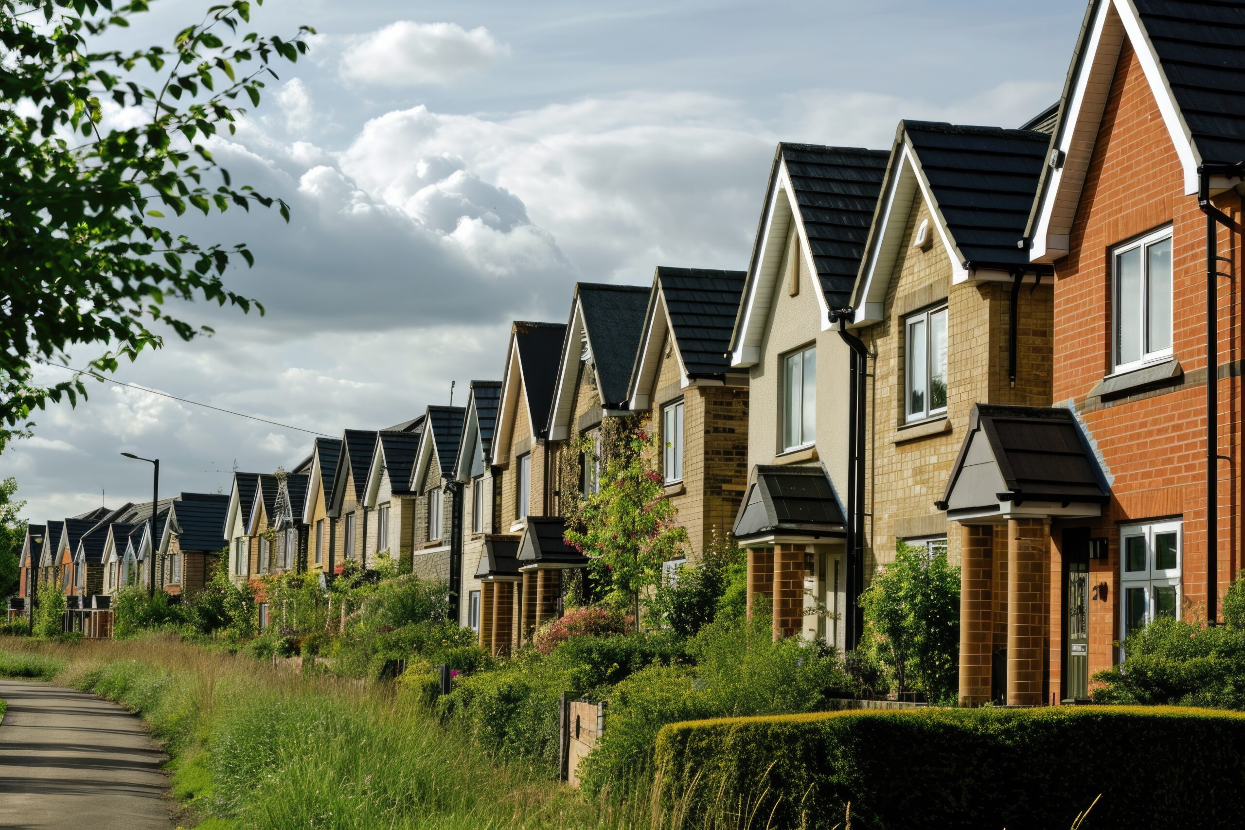 Newly constructed houses on a recently developed residential area in England. Modern and brand-new dwellings suitable for families. Positive portrayal of the housing and property market.: britain,home,rent,house,exterior,row,window,house,grass,garden --ar 3:2 --v 6 Job ID: aa7d2f7f-bcae-4859-bc0b-53c1e194f33c